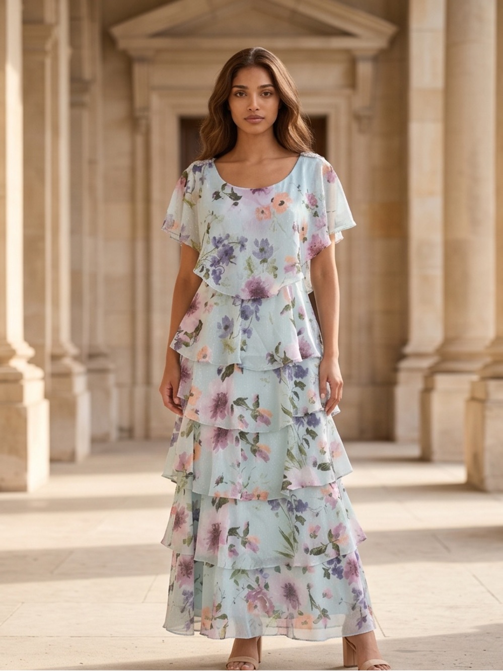 SLNY Pastel Floral Tiered Maxi Dress in Light Blue